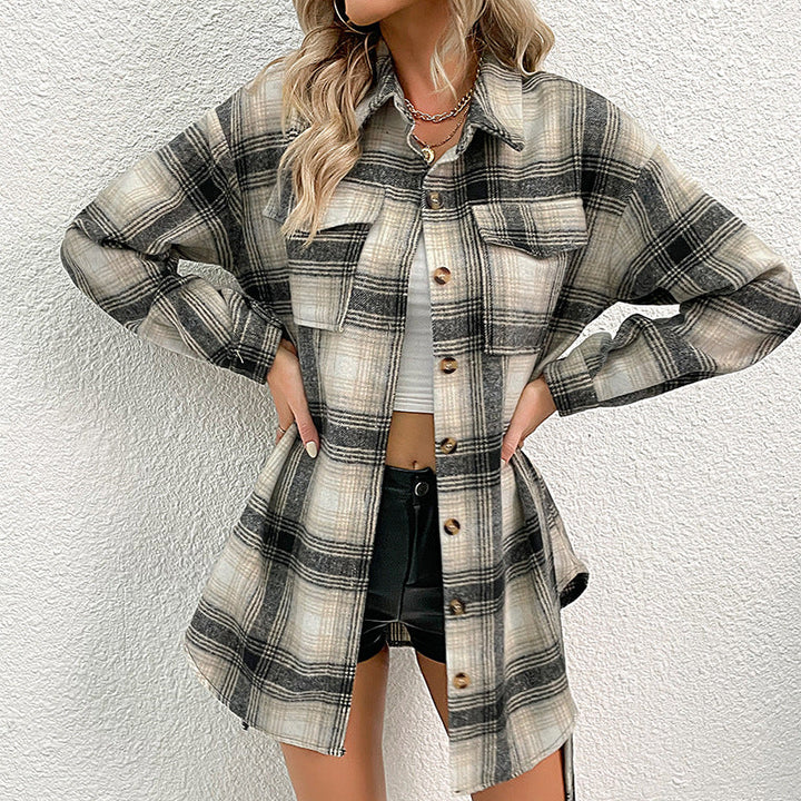 Women Checked Longline Shirt Coat with Button Placket and Waist Belt Mune Fashion
