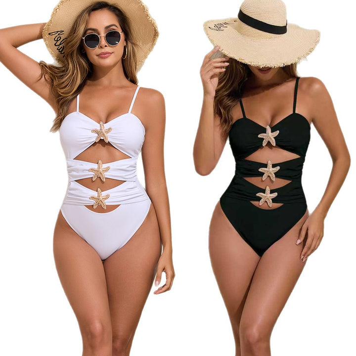 Women's one-piece swimsuit with fashionable gathers and glamorous star appliqués Mune Fashion