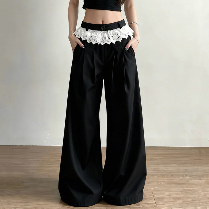 Women's Palazzo Pants with High Waist and Decorative Lace Ruffle Mune Fashion