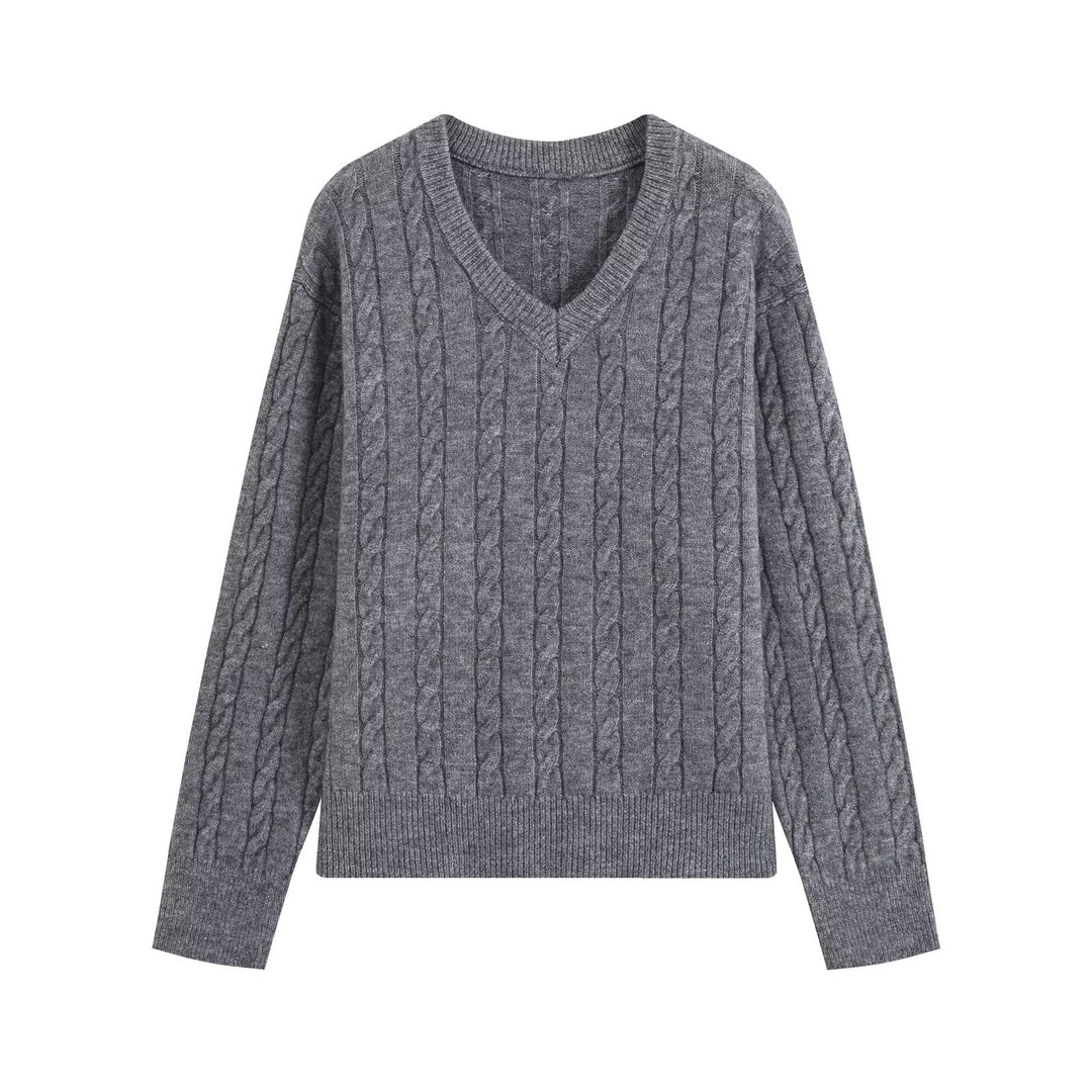 Women's Oversize Cable Knit Sweater with V-Neck and Wide Ribbed Cuff Mune Fashion