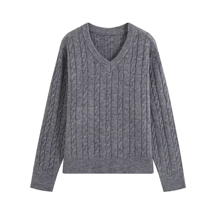 Women's Oversize Cable Knit Sweater with V-Neck and Wide Ribbed Cuff Mune Fashion