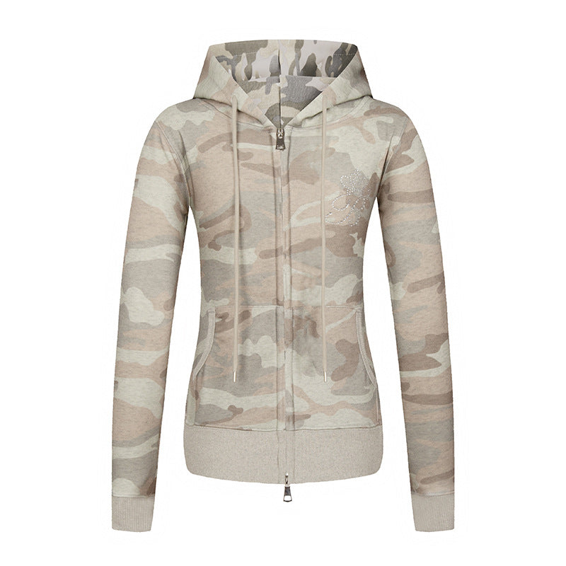 Women's hoodie sweatshirt jacket with two-way zipper, camouflage print and rhinestone butterfly Mune Fashion