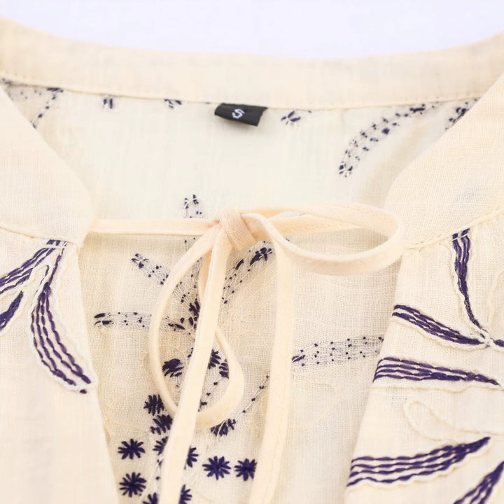 Women Lightweight Cotton Tunic with Embroidery, Tie Belt and Balloon Sleeves Mune Fashion