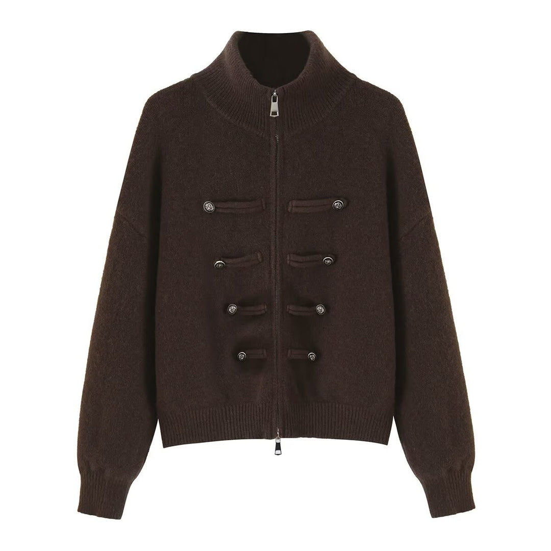 Ladies cardigan with stand-up collar, zipper and decorative knot trims Mune Fashion