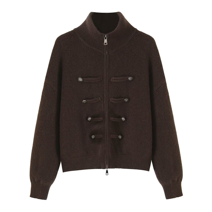 Ladies cardigan with stand-up collar, zipper and decorative knot trims Mune Fashion