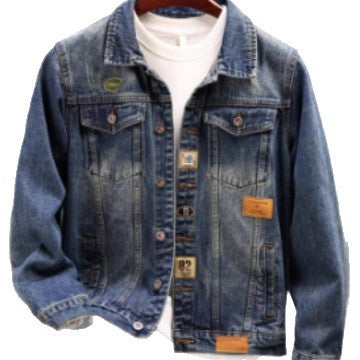 Men's Vintage Washed Denim Jacket with Brand Patches, Chest Flaps, and Straight Cut Mune Fashion