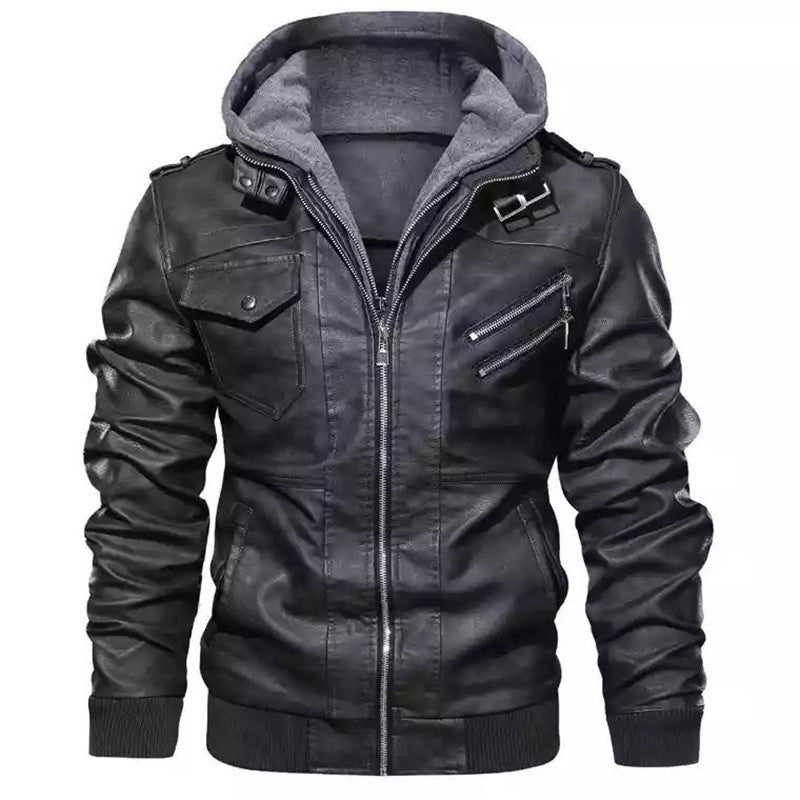 Men's Hooded Leather Jacket in Biker Style with Stand-up Collar, Ribbed Cuffs and Multiple Zipper Pockets Mune Fashion