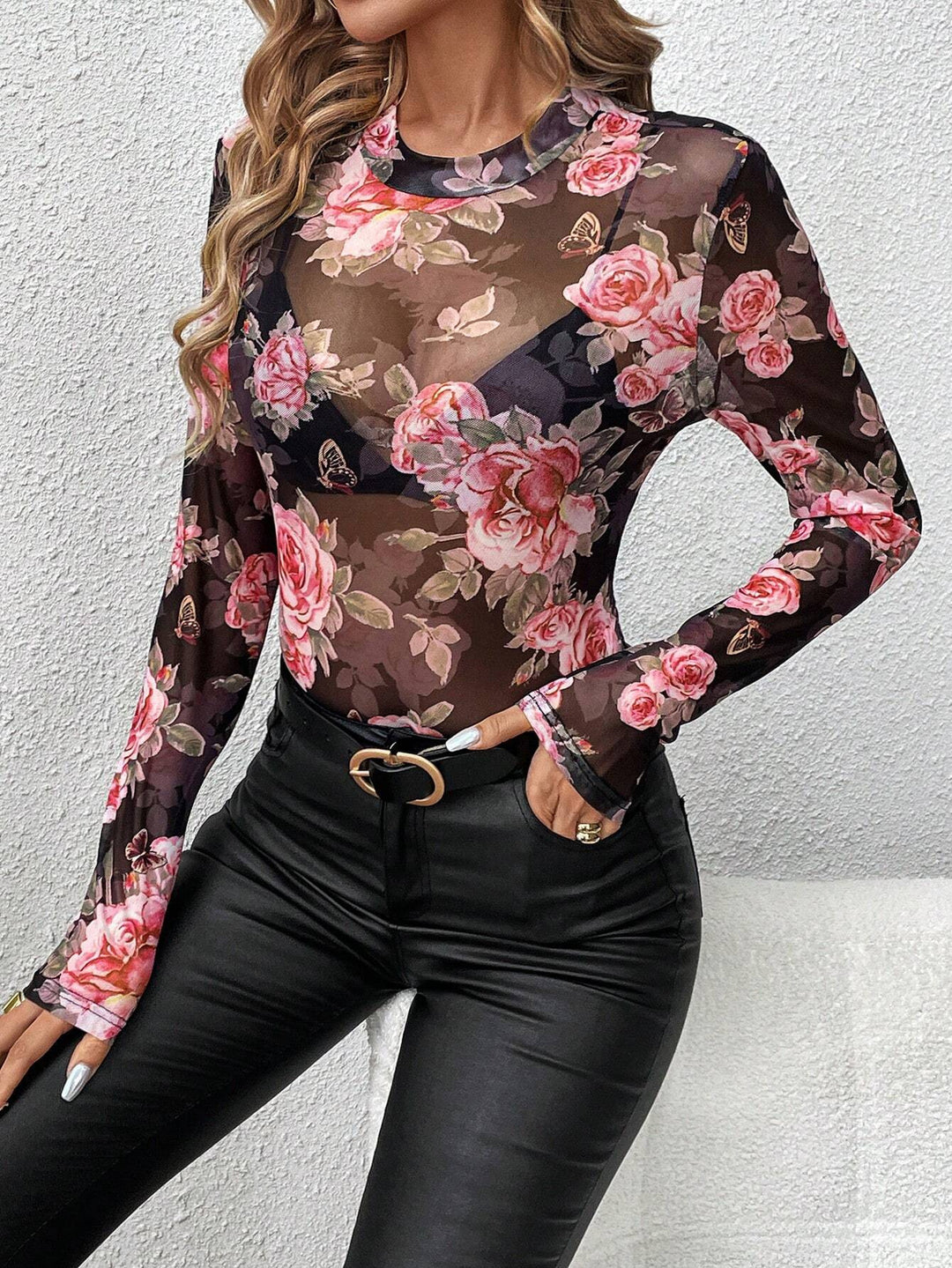 Women's non-transparent form-fitting long sleeve shirt with floral rose print and stand-up collar Mune Fashion