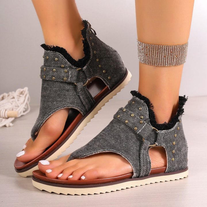 Women's nan jeans bootie toe sandal with soft shaft lining, studs and profiled rubber sole Mune Fashion