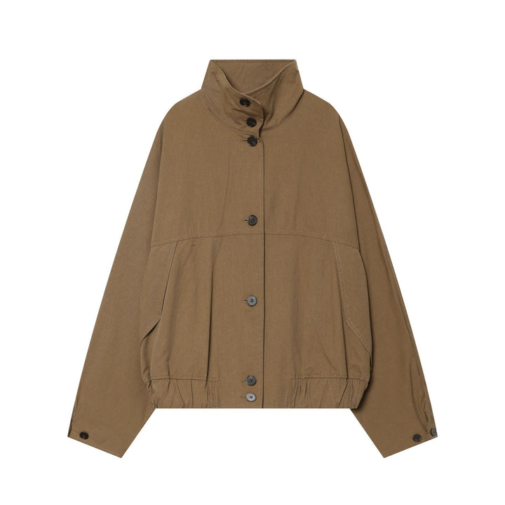 Ladies nan short utility cropped jacket with high standing collar, drawstring waist and full button placket Mune Fashion