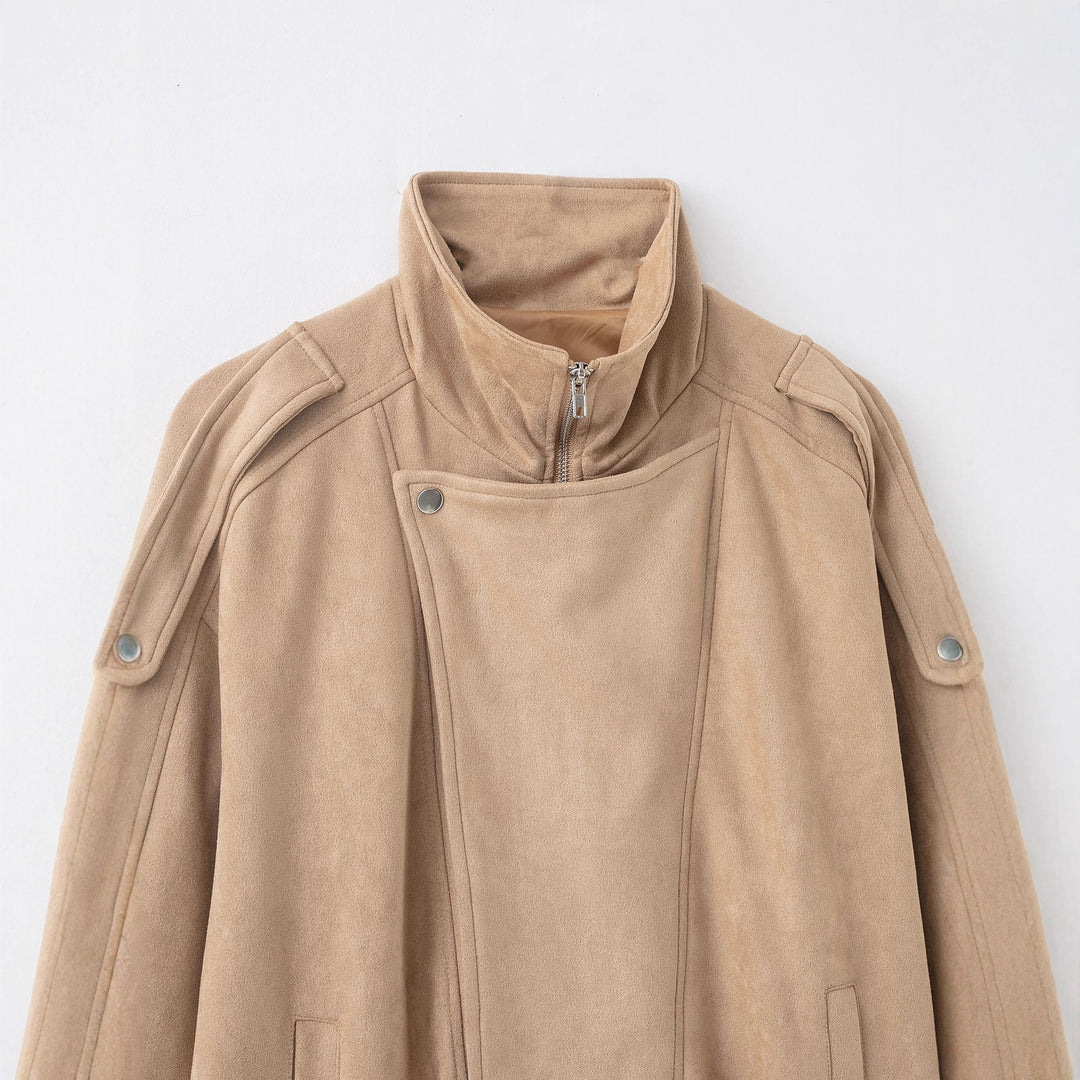 Women's short jacket in suede look with high stand-up collar, shoulder flaps and waist belt Mune Fashion