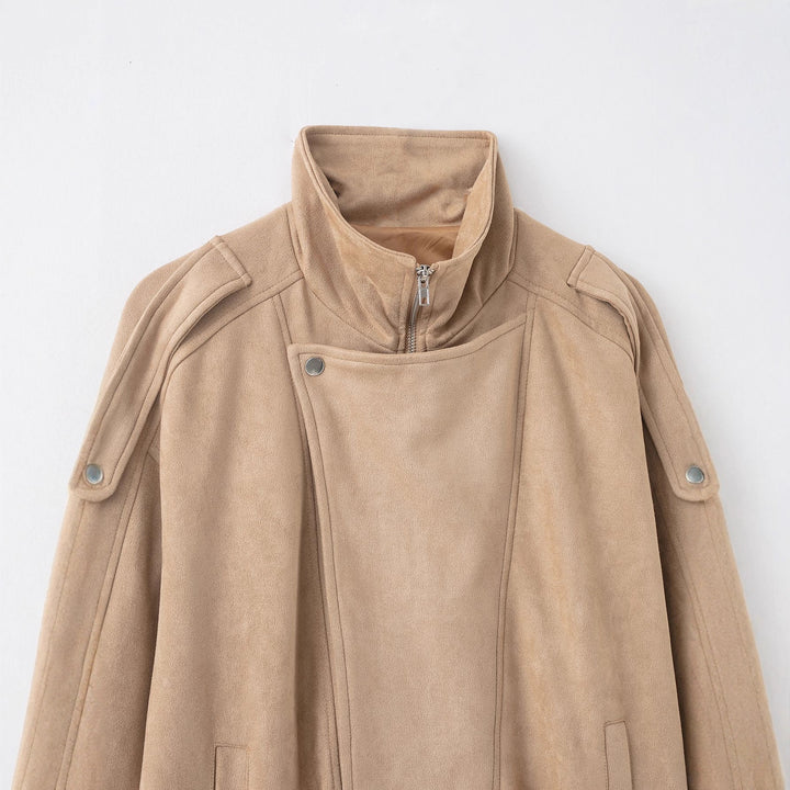 Women's short jacket in suede look with high stand-up collar, shoulder flaps and waist belt Mune Fashion