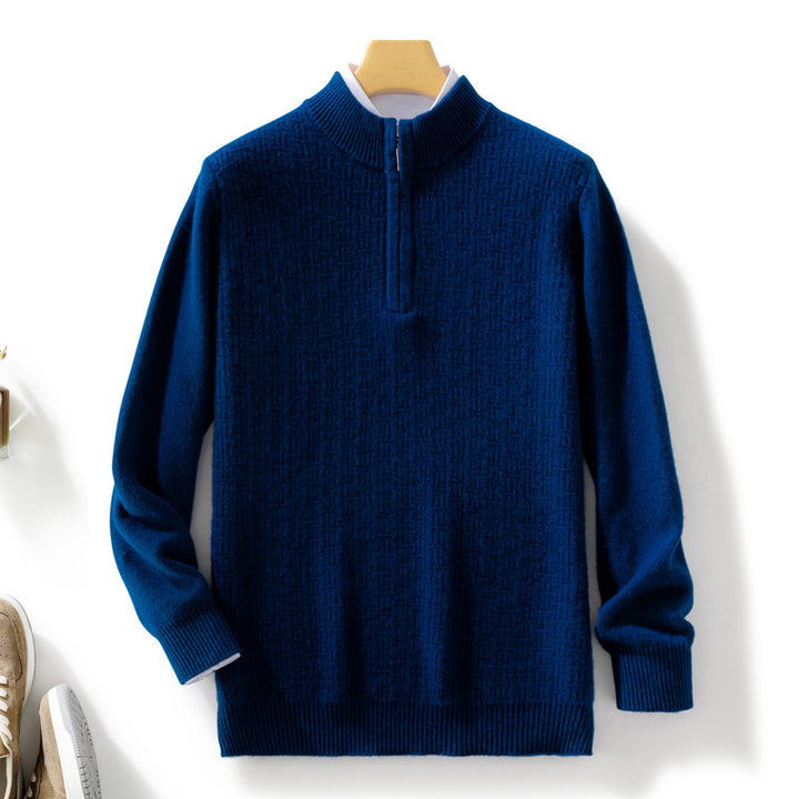 Men's Semi-high Fine Knit Sweater with Short Stand-Up Collar and Half Zipper Mune Fashion