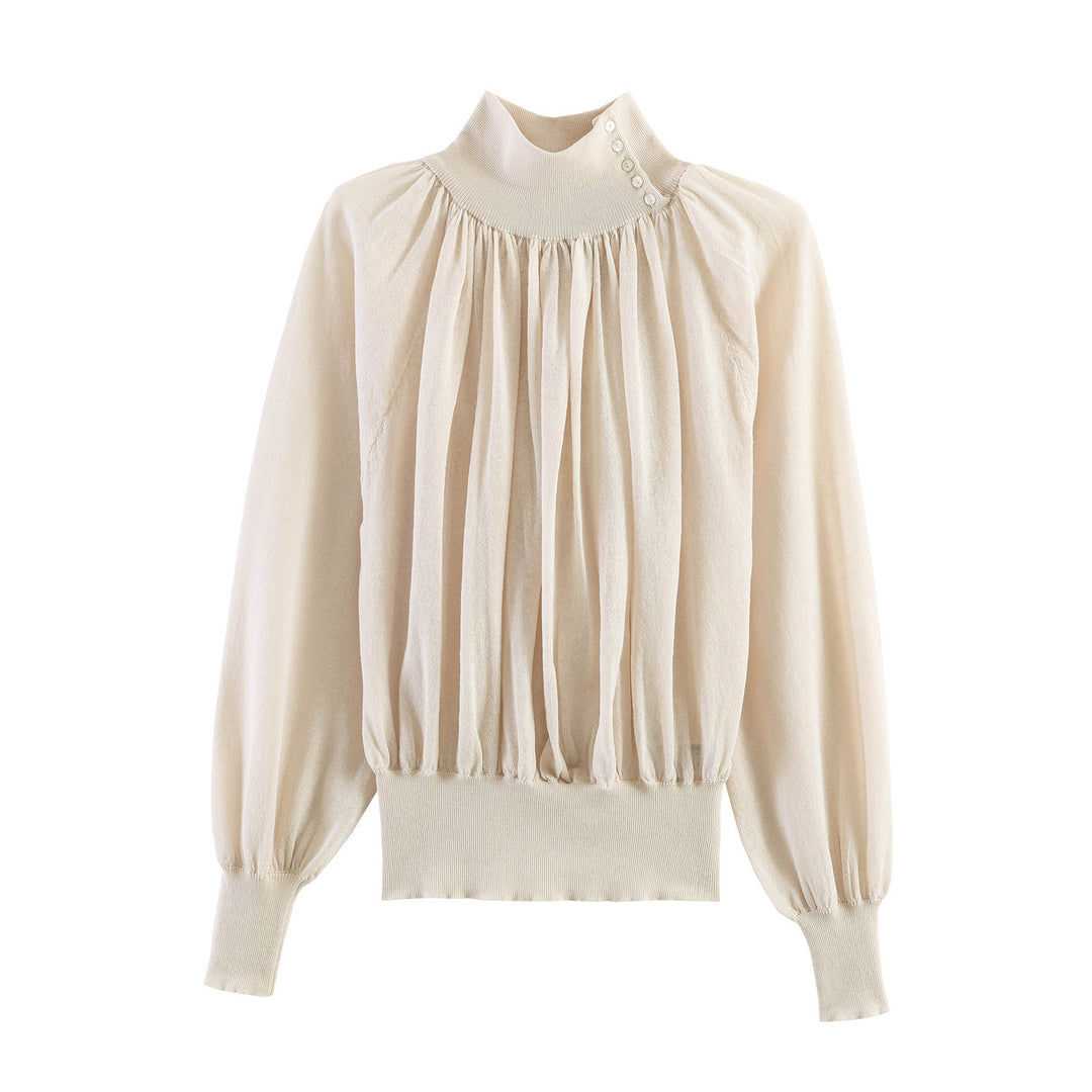 Women's Elegant Pleated Blouse with Stand Collar, Button Detail and Balloon Sleeves Mune Fashion