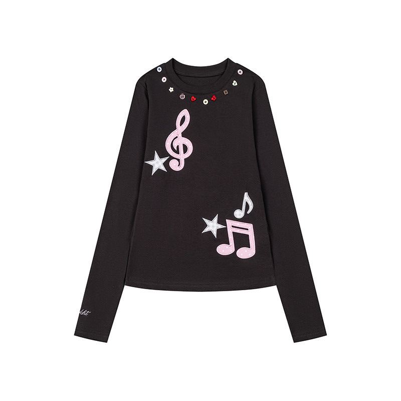Women's long sleeve shirt with sequin collar and music note appliqués Mune Fashion