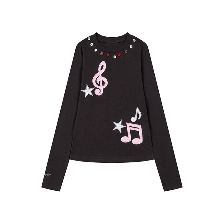 Women's long sleeve shirt with sequin collar and music note appliqués Mune Fashion