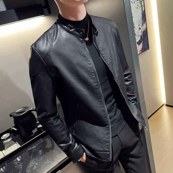 Men's slim faux leather blouson motorcycle-inspired design with short stand-up collar and concealed zipper Mune Fashion