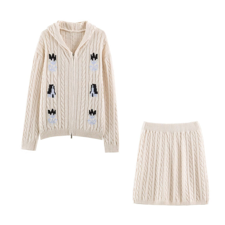 Women's Two-Piece Knit Set with Zipper Hoodie and Short Cable Knit Skirt Mune Fashion