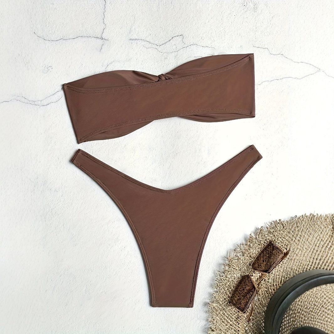 Women Bandeau Bikini with high leg cut and subtle gathering Mune Fashion