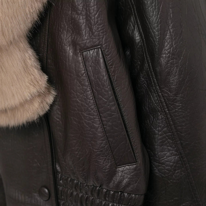 Women short-cut leather imitation bomber jacket with voluminous fur collar Mune Fashion