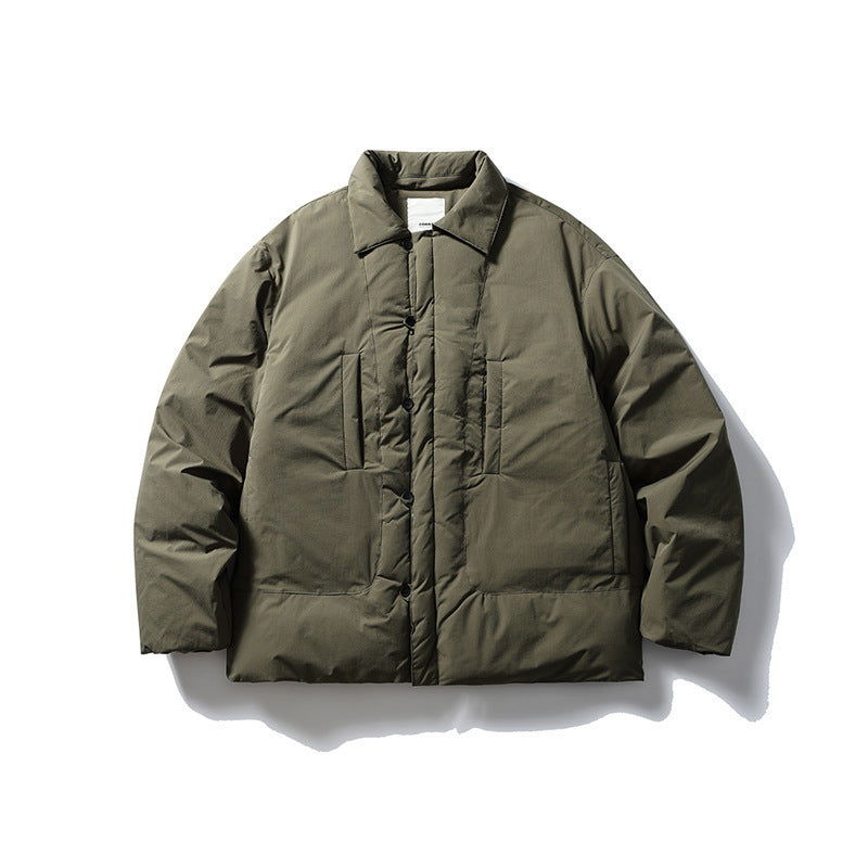 Men's short-cut thermo puffer jacket in boxy cut with shirt collar and concealed snap button placket Mune Fashion