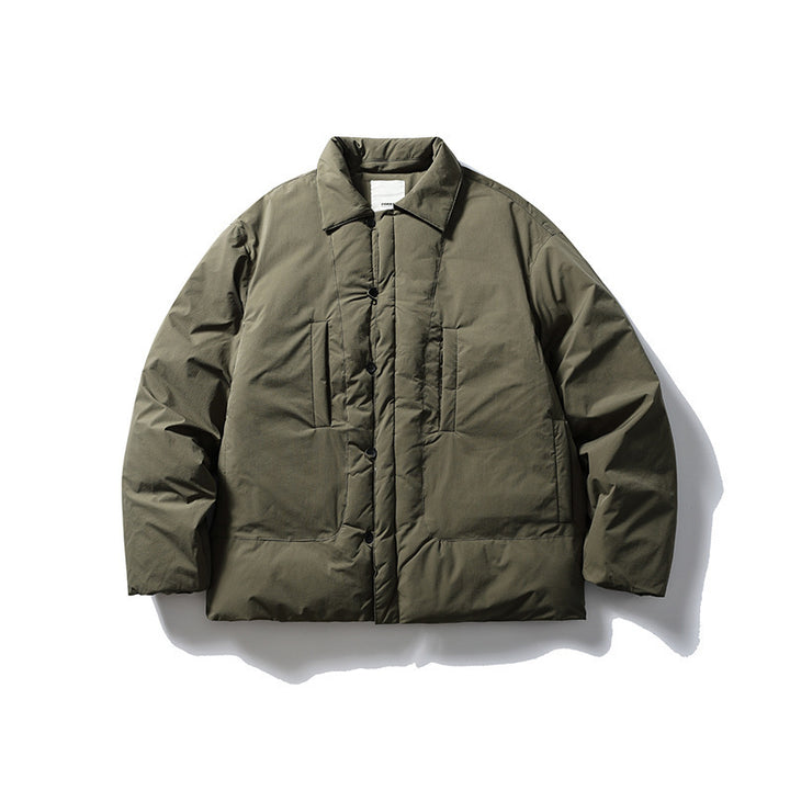 Men's short-cut thermo puffer jacket in boxy cut with shirt collar and concealed snap button placket Mune Fashion