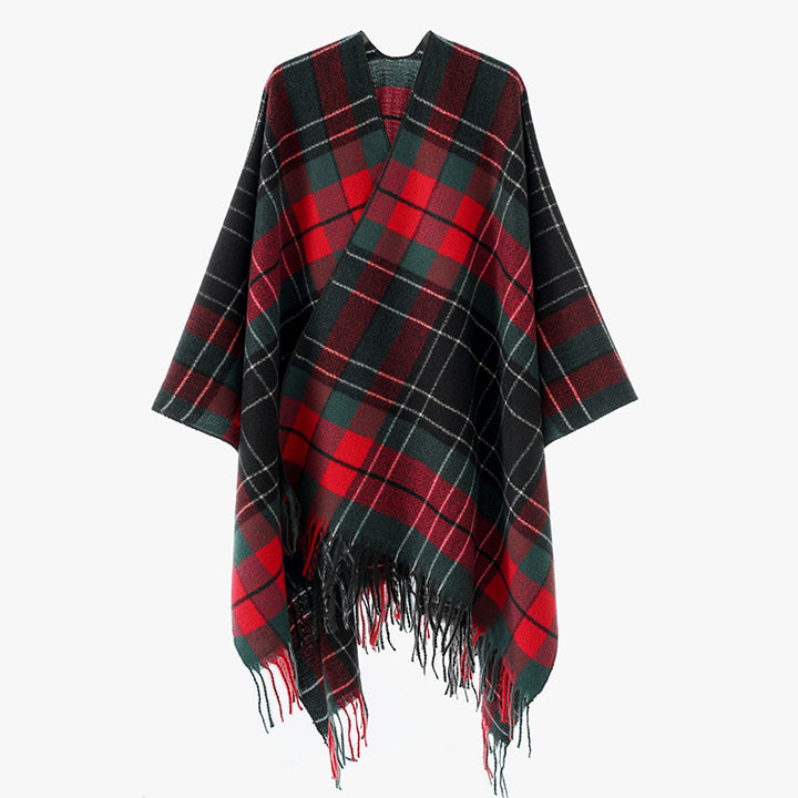 Women Oversize Kimono Cape Poncho in Check Pattern with Fringed Hem Mune Fashion