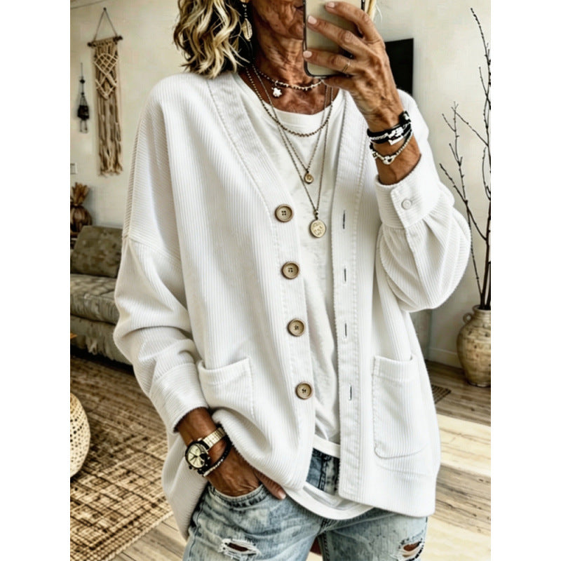 Women's Oversized Cord Cardigan with Patch Pockets and Wooden Buttons Mune Fashion