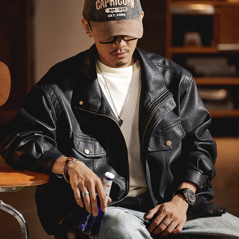 Men's Oversized Faux Leather Jacket in Worker Look with Flap Pockets Mune Fashion