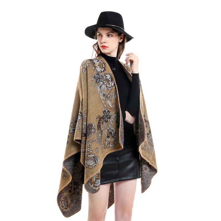 Women's Reversible Knit Cloak with Floral Jacquard Weave and Decorative Chain Stitching