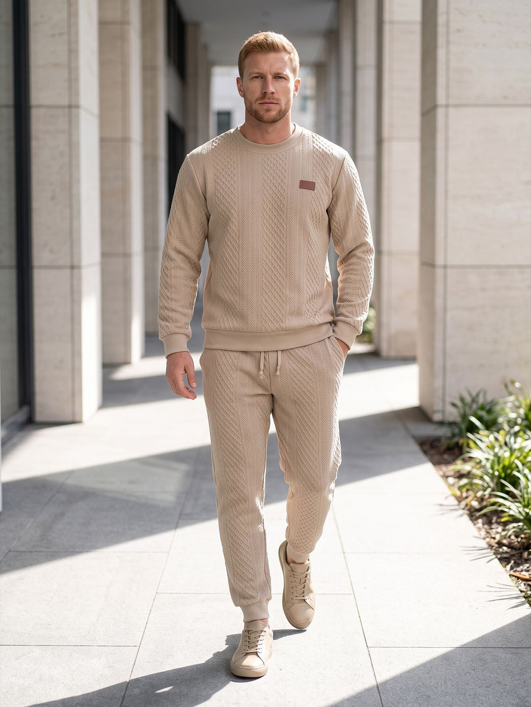 Men's Structured Knit Tracksuit with Round Neck and Drawstring Mune Fashion