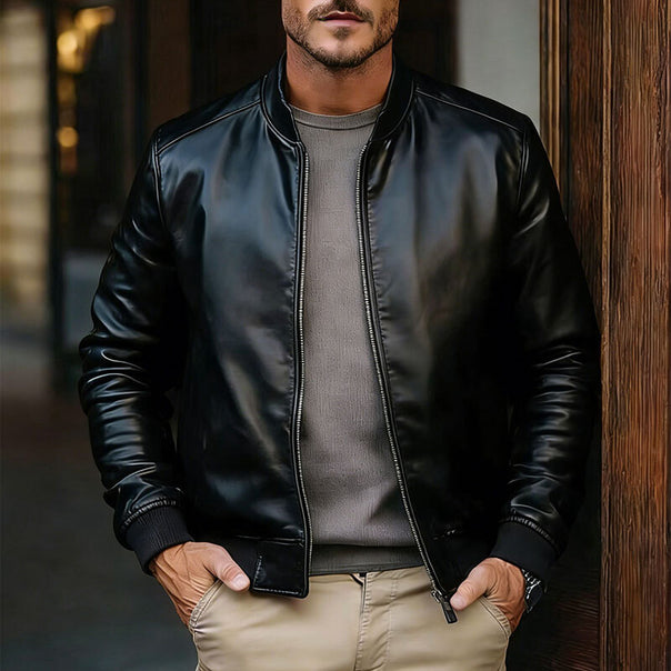 Men's Fashionable Faux Leather Jacket with Practical Stand Collar Mune Fashion
