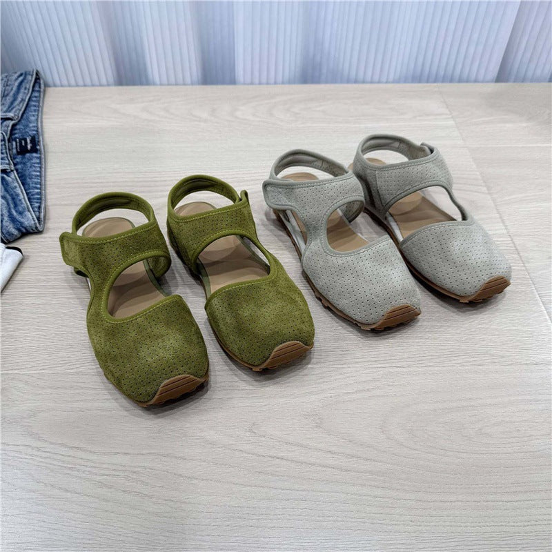 Ladies Perforated Suede Sandals with Closed Toe Cap, Velcro Fastener and Ergonomic Profile Sole Mune Fashion
