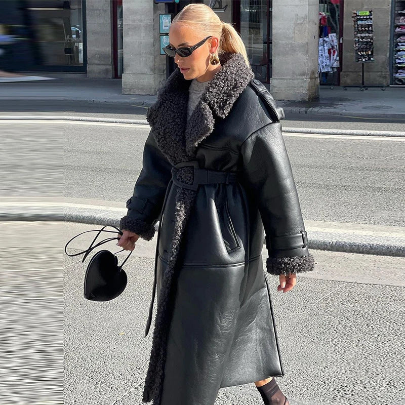 Women's Oversize Shearling Coat with Belt and Teddy Lining Mune Fashion