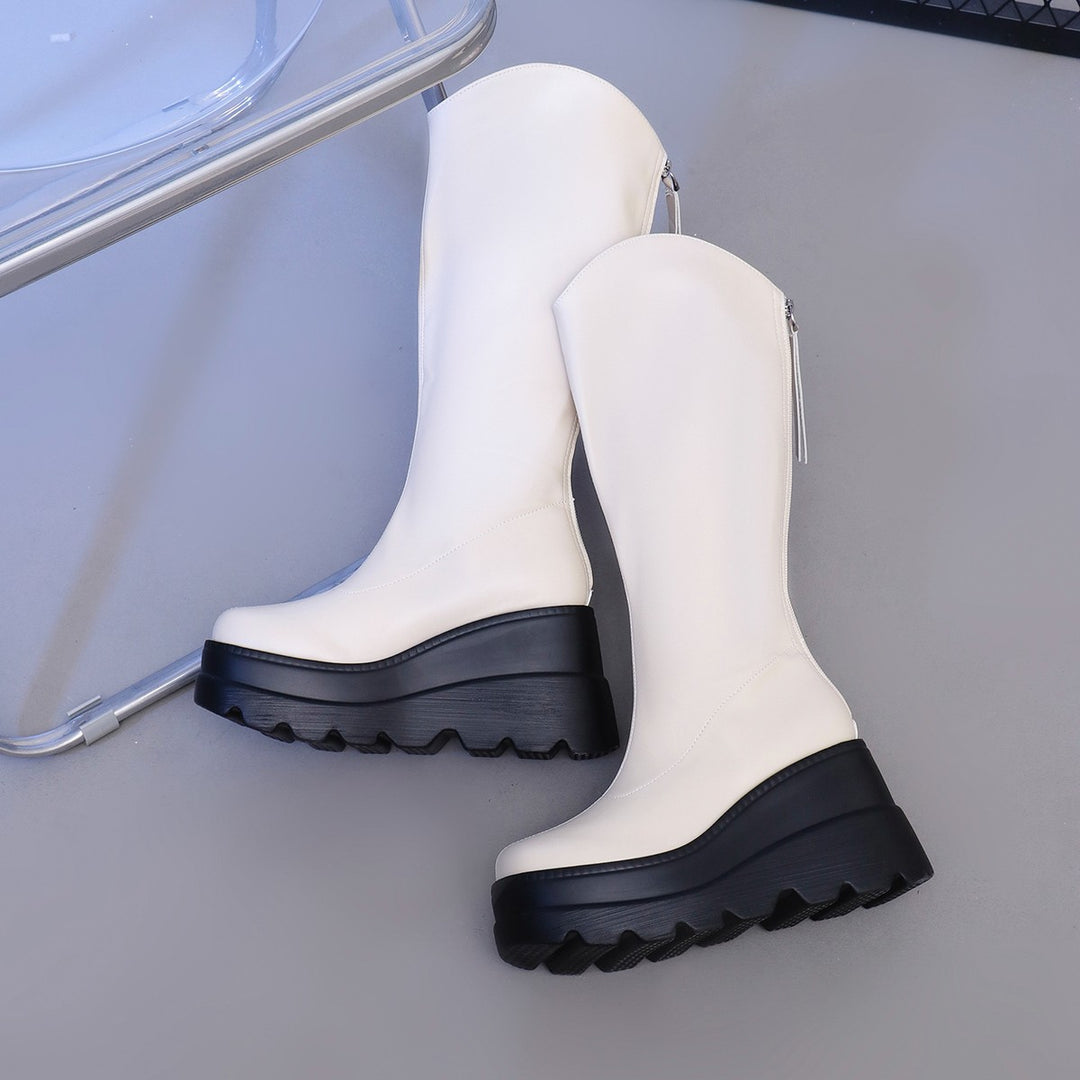 Women's Knee-High Platform Boots with Thick Lug Sole, Hidden Wedge Sole and Side Zipper Mune Fashion