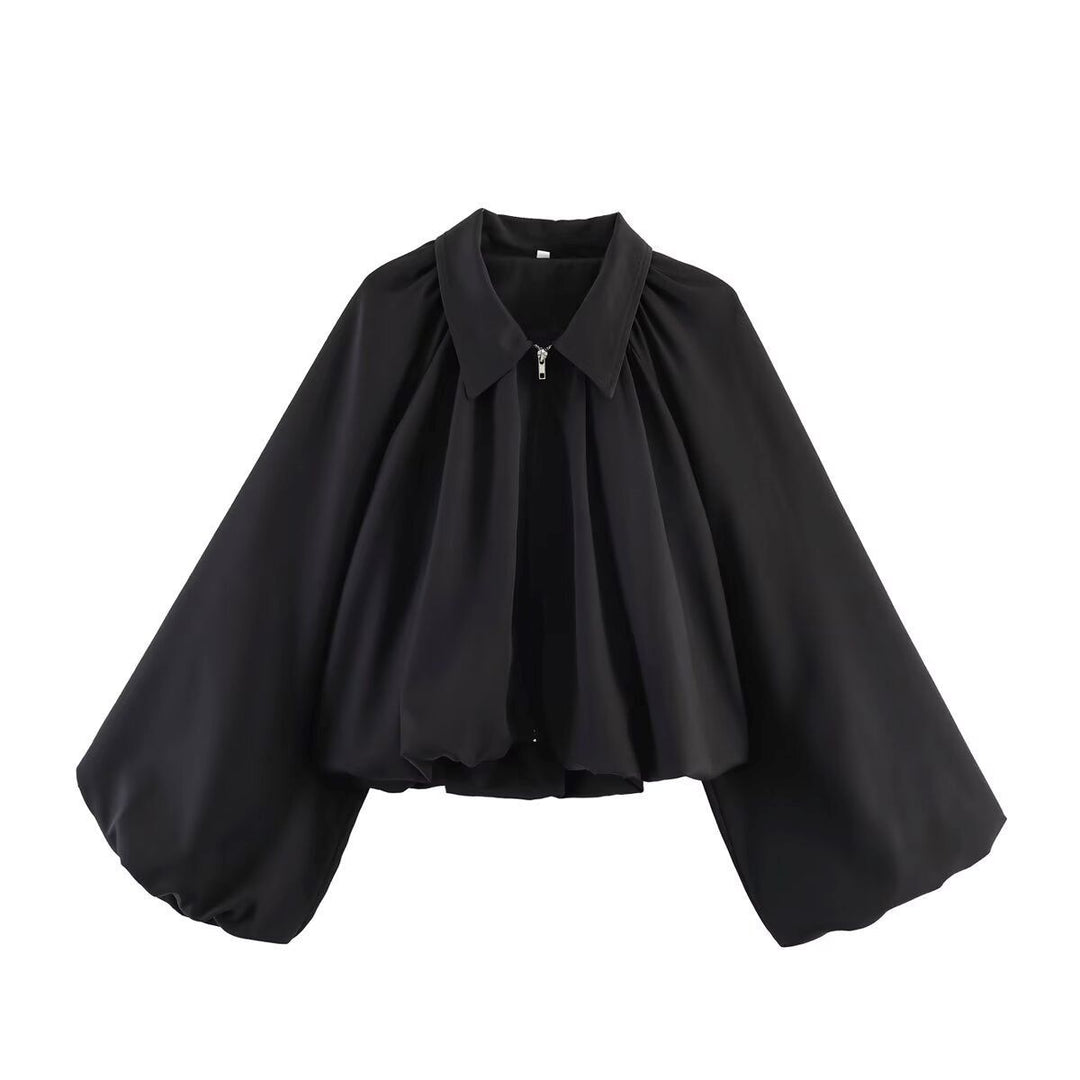 Women Cropped Blouse Jacket with Shirt Collar, Gathered Yoke and Wide Volume Sleeve Mune Fashion