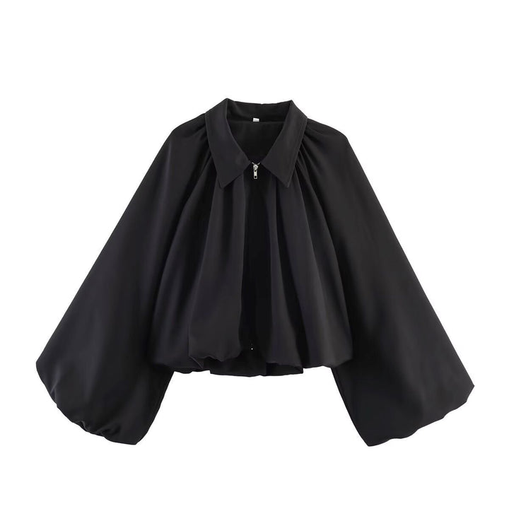 Women Cropped Blouse Jacket with Shirt Collar, Gathered Yoke and Wide Volume Sleeve Mune Fashion