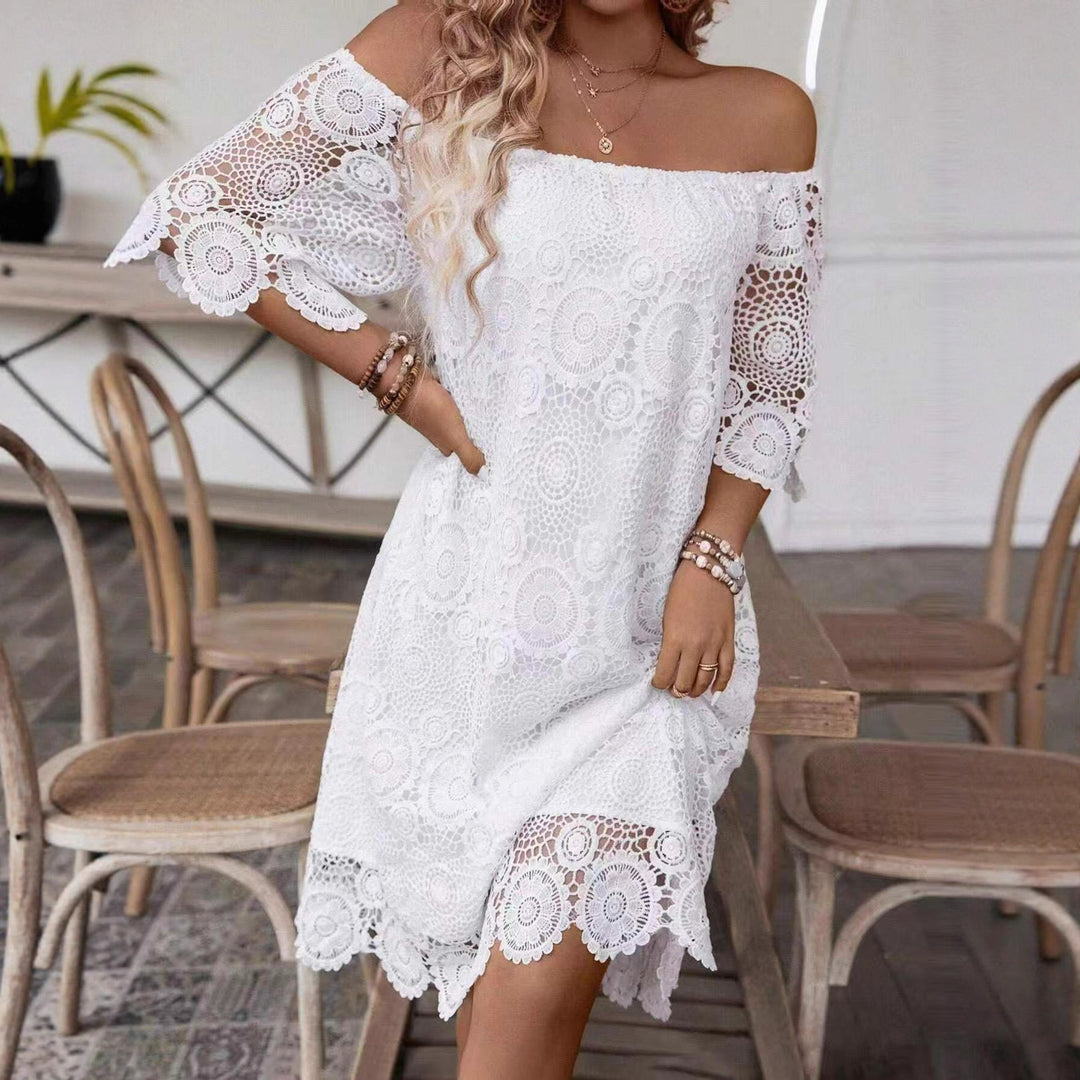 Women's off-shoulder crochet midi dress with sweetheart neckline and floral lace trim Mune Fashion