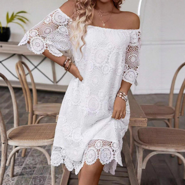 Women's off-shoulder crochet midi dress with sweetheart neckline and floral lace trim Mune Fashion