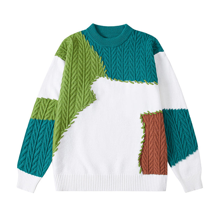 Men's structured patchwork knit sweater with cable pattern and round neck Mune Fashion