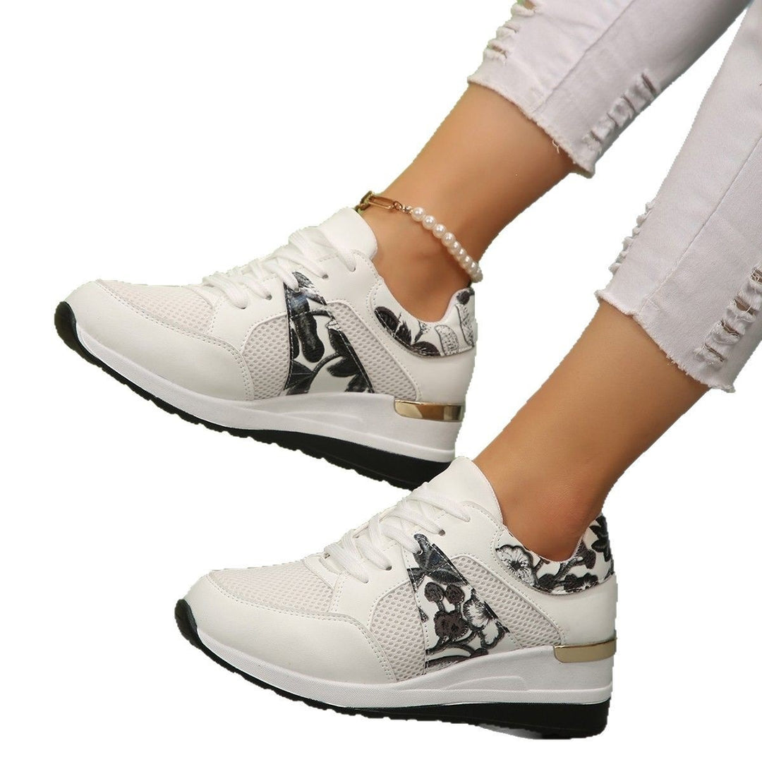 Women Wedge Sneakers with Floral Embroidery, Mesh Inserts and Metal Application Mune Fashion