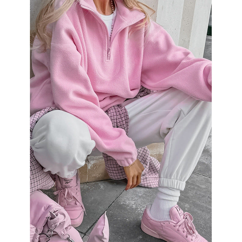 Women’s Oversized Fleece Pullover with Half Zipper and Stand-Up Collar Mune Fashion