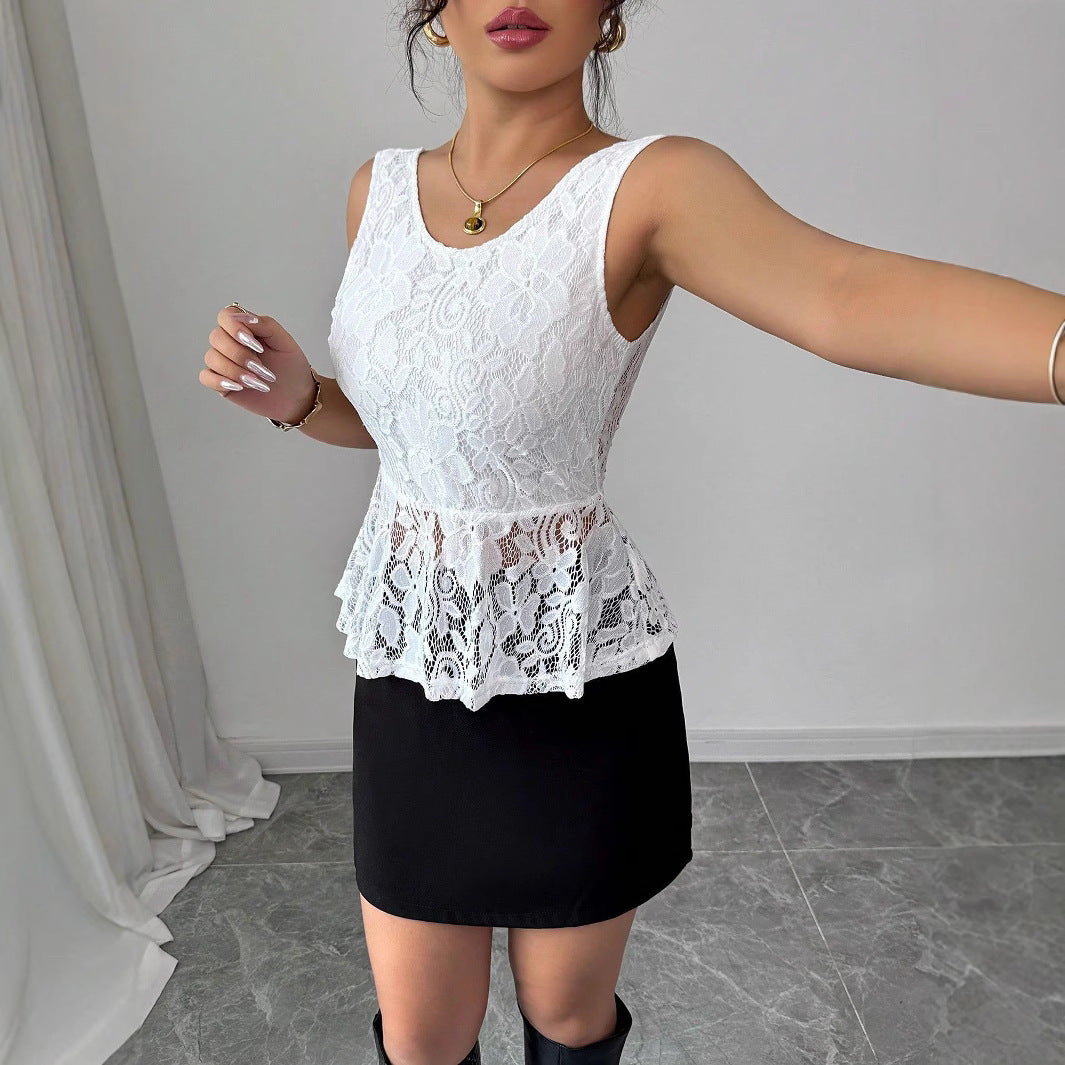 Women's tailored sleeveless lace peplum top with lined bust and transparent frill Mune Fashion