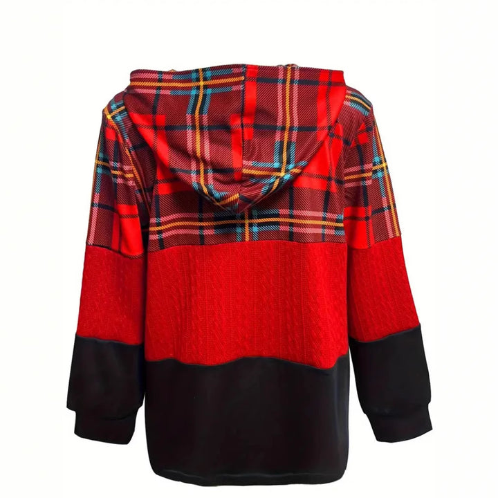 Women's long patchwork-style hooded jacket with check and knit inserts, front zipper and side pockets Mune Fashion
