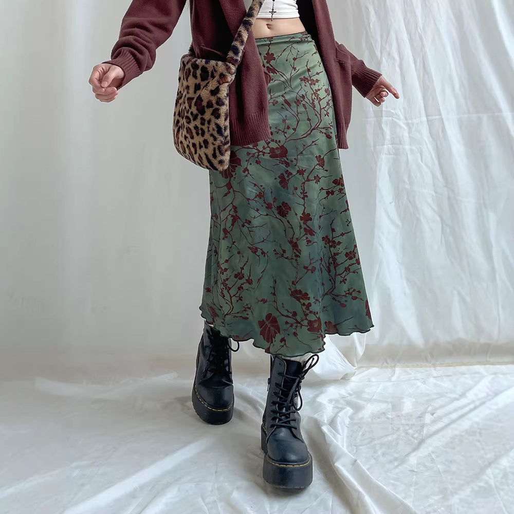 Women's satin midi skirt with floral velvet appliqué and narrow silhouette Mune Fashion