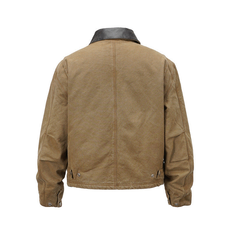Men's canvas field jacket in overshirt look with leather collar and patch pockets Mune Fashion
