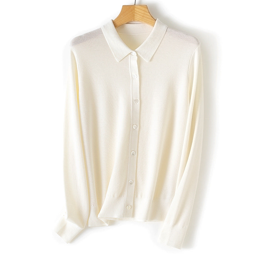 Women's Fine Button Cardigan with Shirt Collar and Fine Knit Mune Fashion