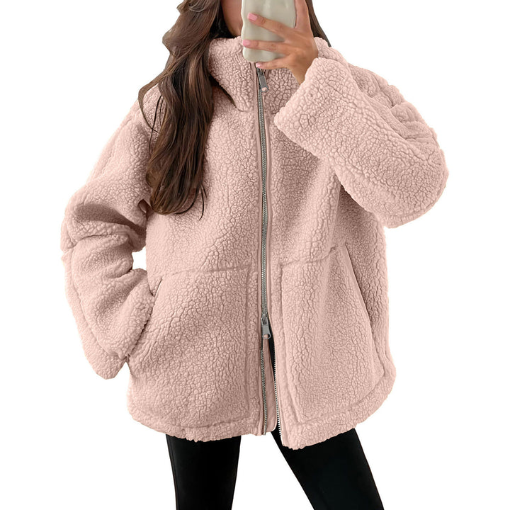 Women's oversized teddy fleece jacket with stand-up collar and full-length zipper Mune Fashion