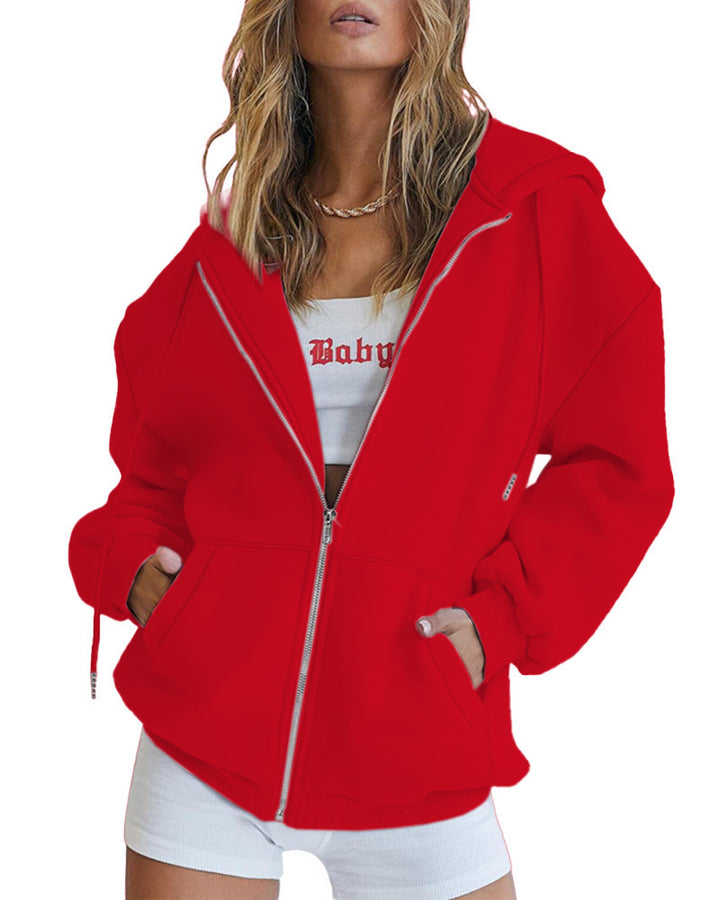 Women's casual zip hoodie jacket in boxy cut with dropped shoulders, hidden drawstring, and large kangaroo pockets Mune Fashion
