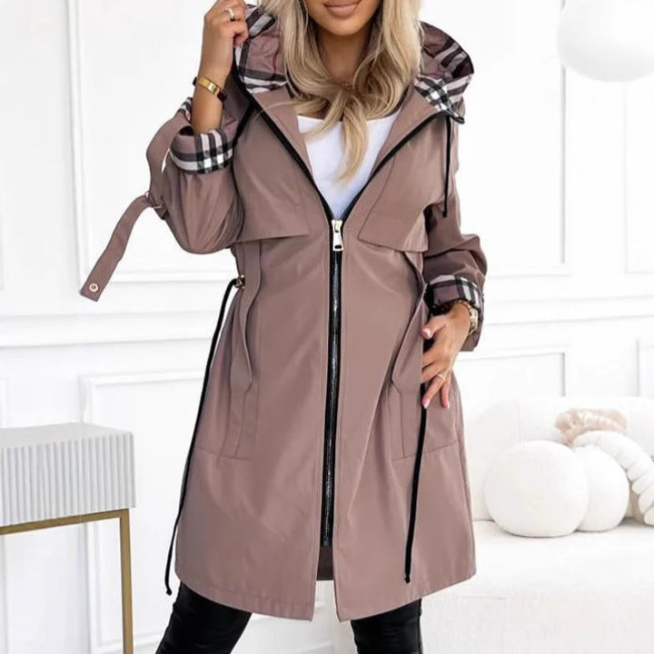 Women's tailored rain parka with hood checkered lined inner collar and drawstring Mune Fashion
